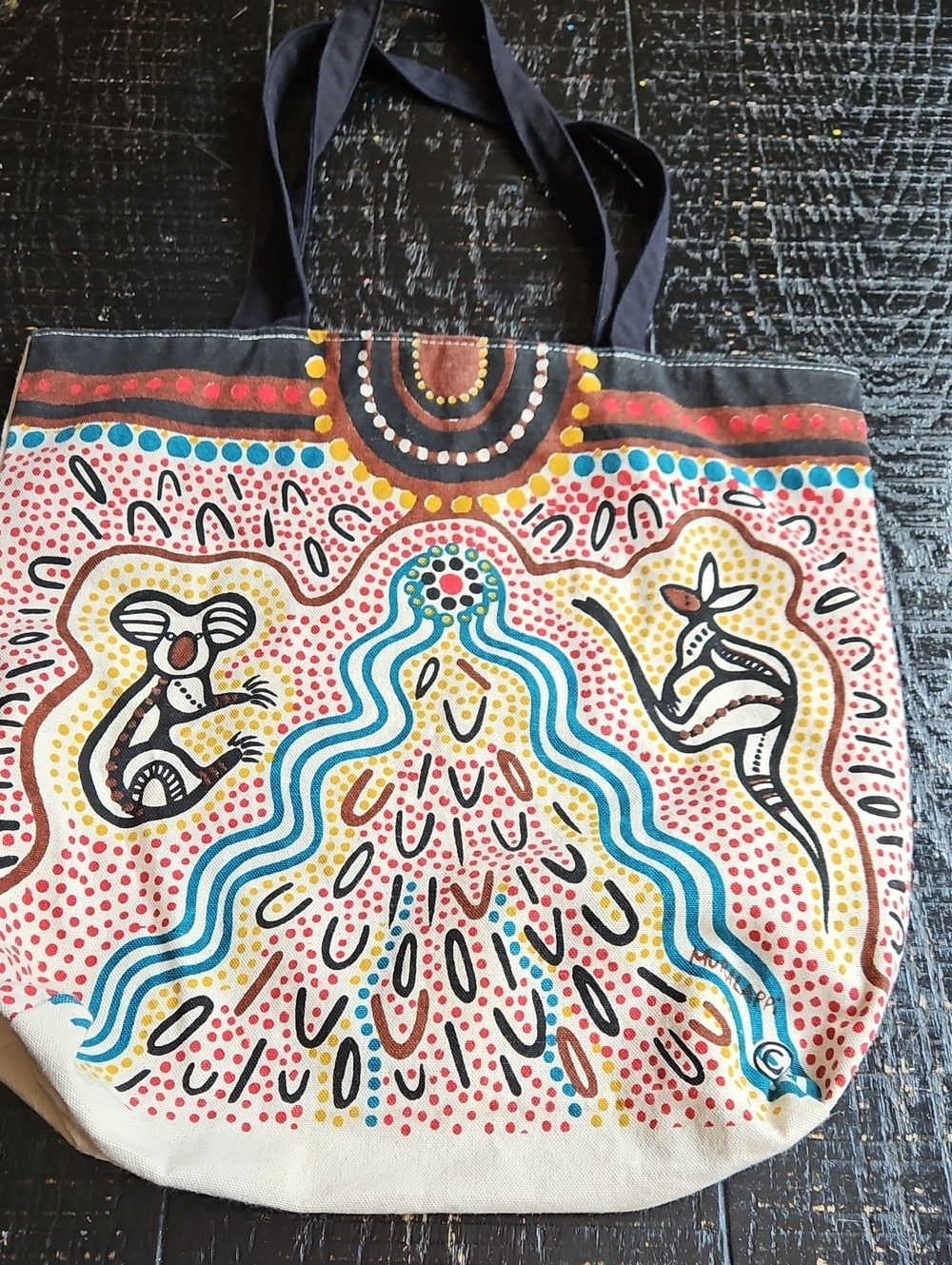 Muralppli Gallery Hand-Painted Cream Tote  Multicolor Aboriginal Dot Art